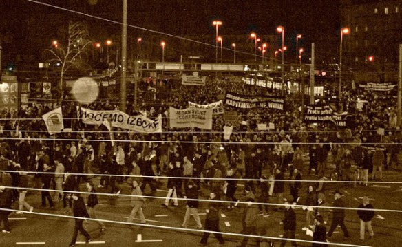 Anti-government protesters in a peaceful march through Zagreb